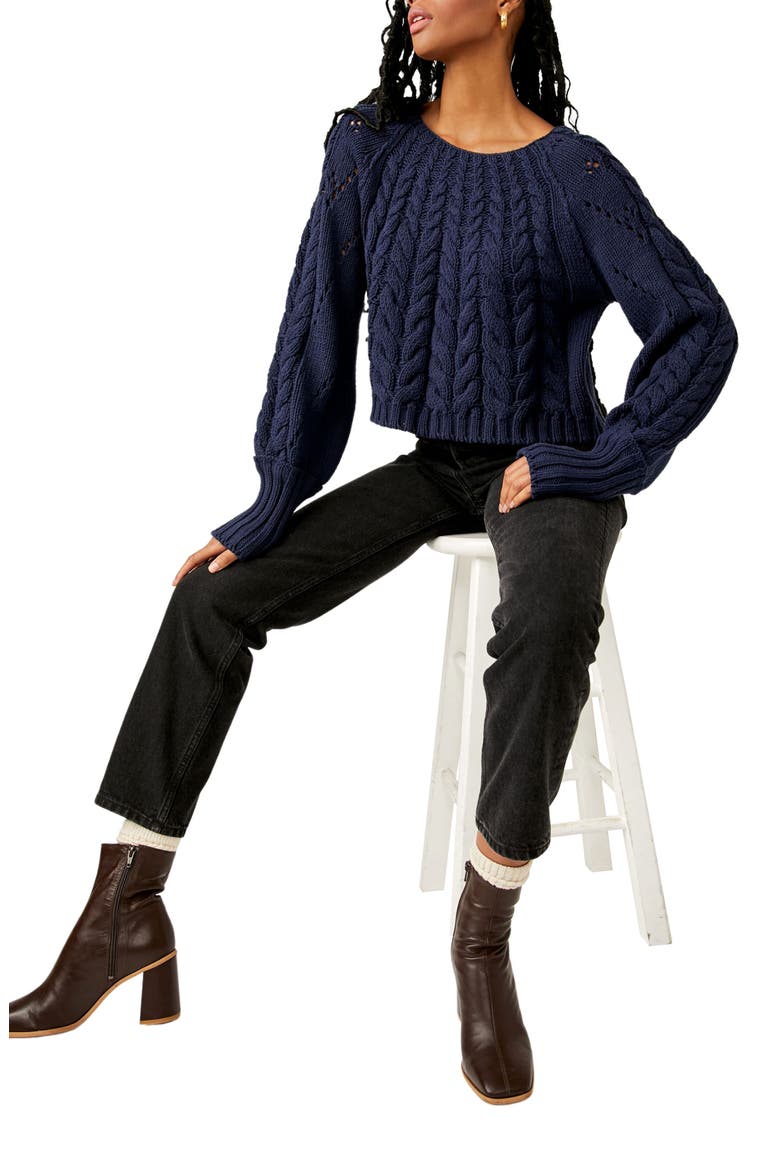 Sandre Cable Stitch Pullover Sweater, Alternate, color, NAVY