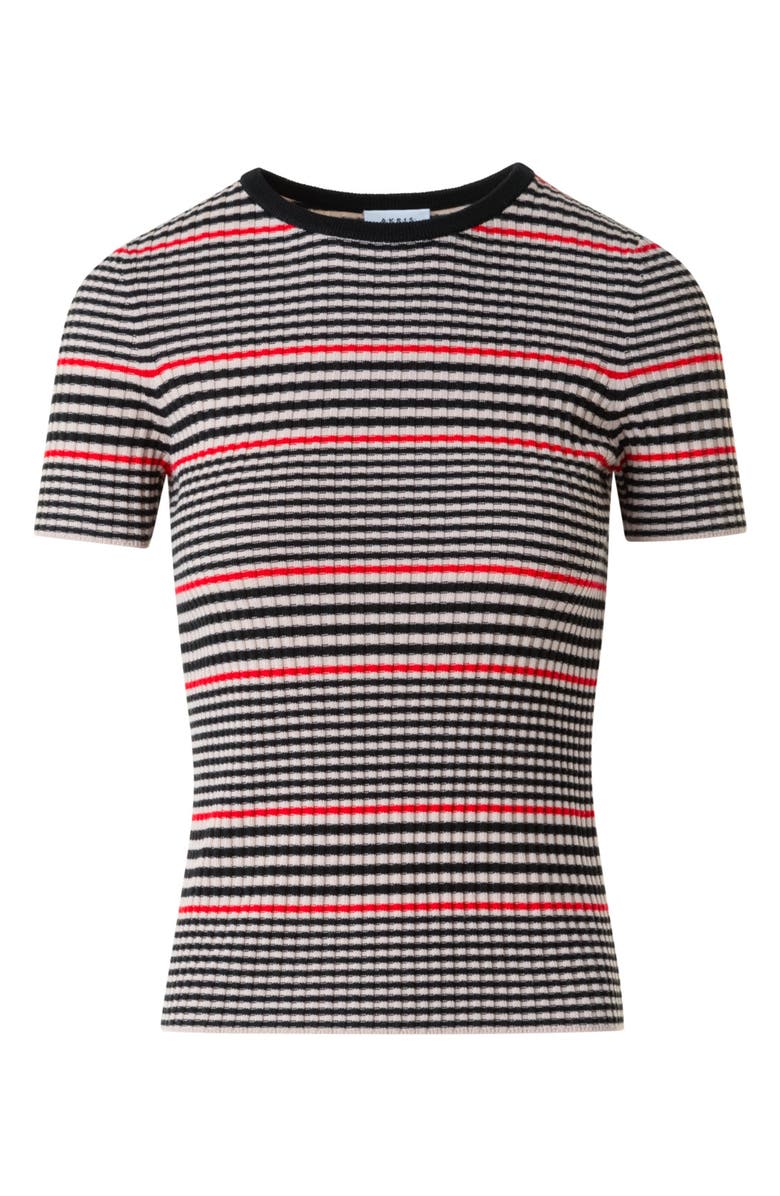 Akris punto Stripe Short Sleeve Virgin Wool Rib Sweater, Alternate, color, Black-Cream-Vermillion