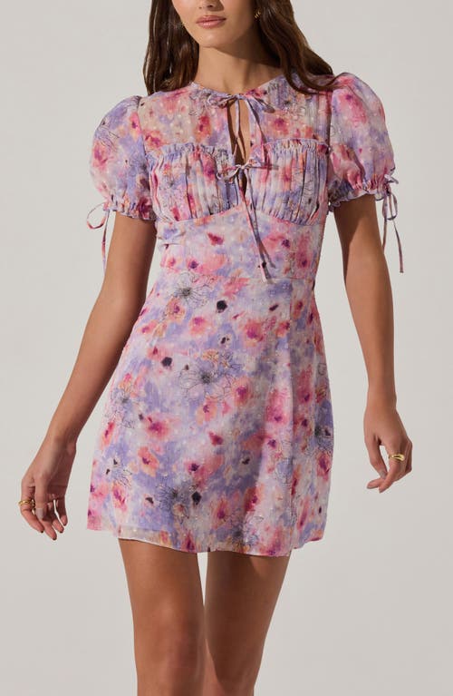 Astr The Label Print Puff Sleeve Tie Front Dress In Purple Pink Floral