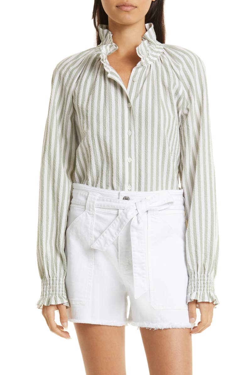 Veronica Beard Calisto Stripe Ruffle Stretch Cotton Shirt, Main, color,
