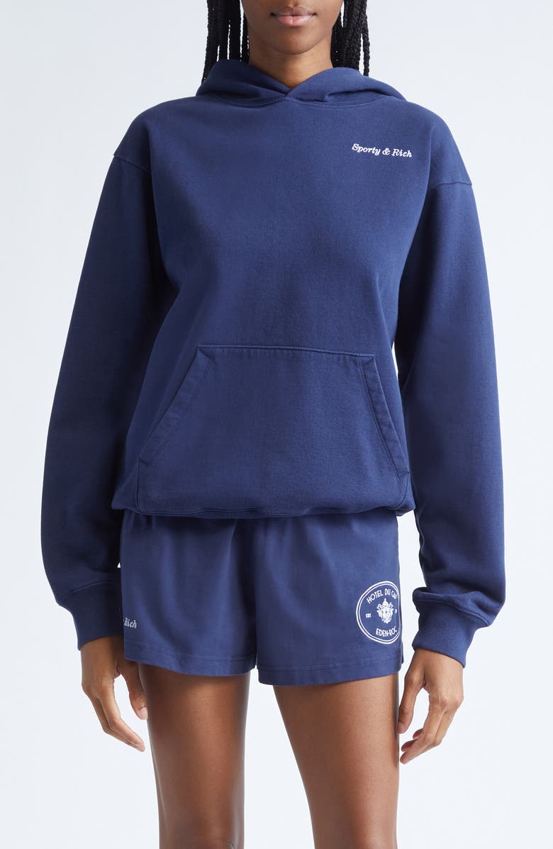 Sporty & Rich Eden Crest Embroidered Hoodie, Main, color, Dark Navy