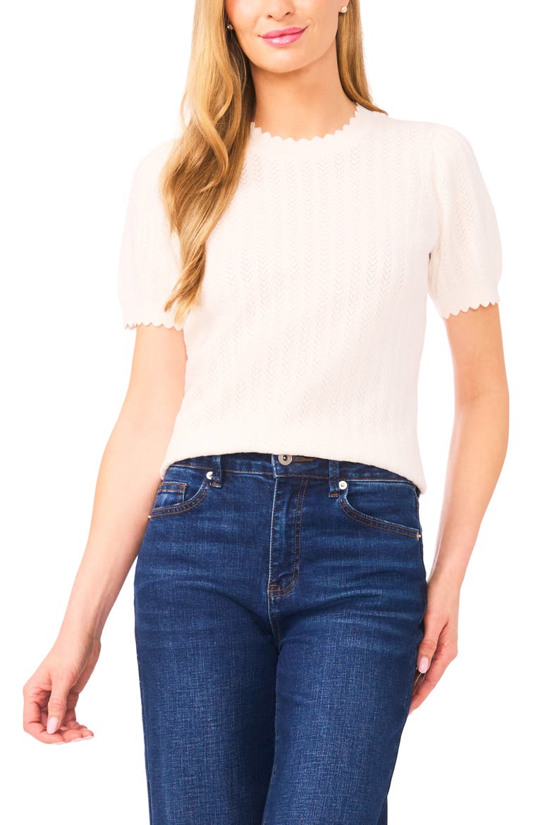 Short Sleeve Pointelle Stitch Sweater, Main, color, ANTIQUE WHITE