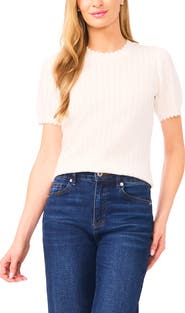 CeCe Short Sleeve Pointelle Stitch Sweater