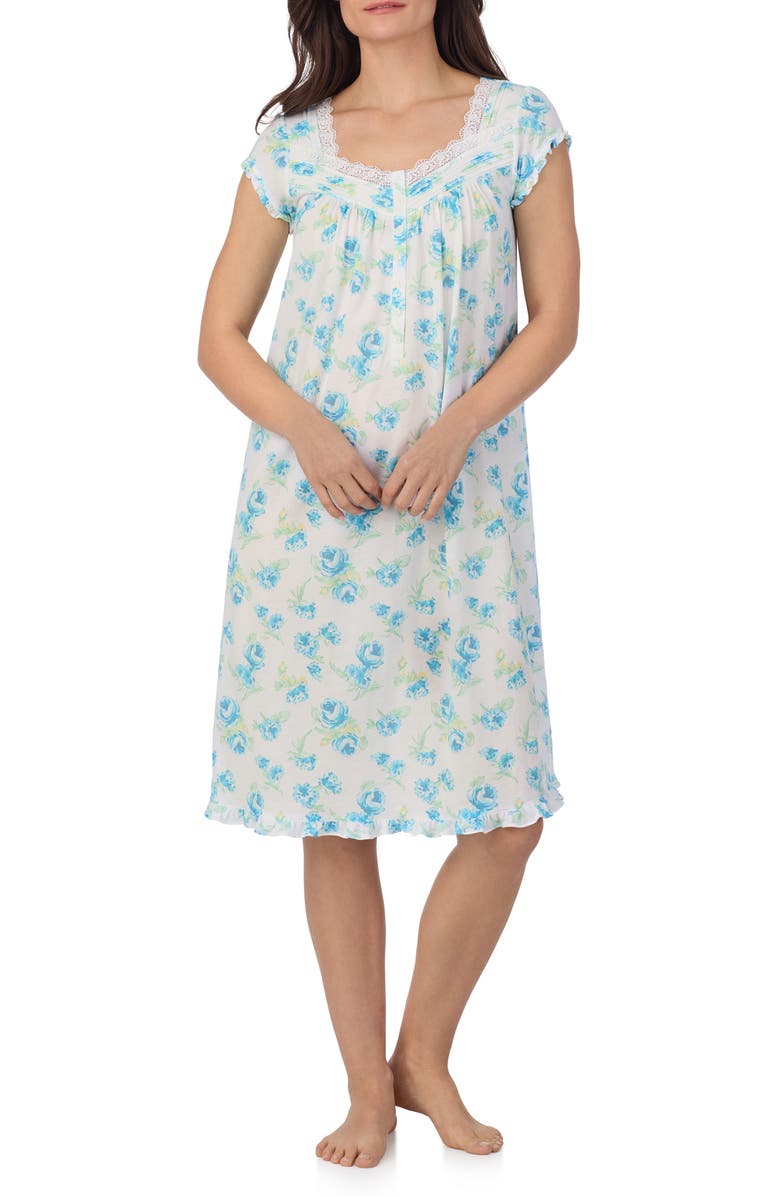 Eileen West Cap Sleeve Waltz Nightgown, Main, color, Aqua Floral White