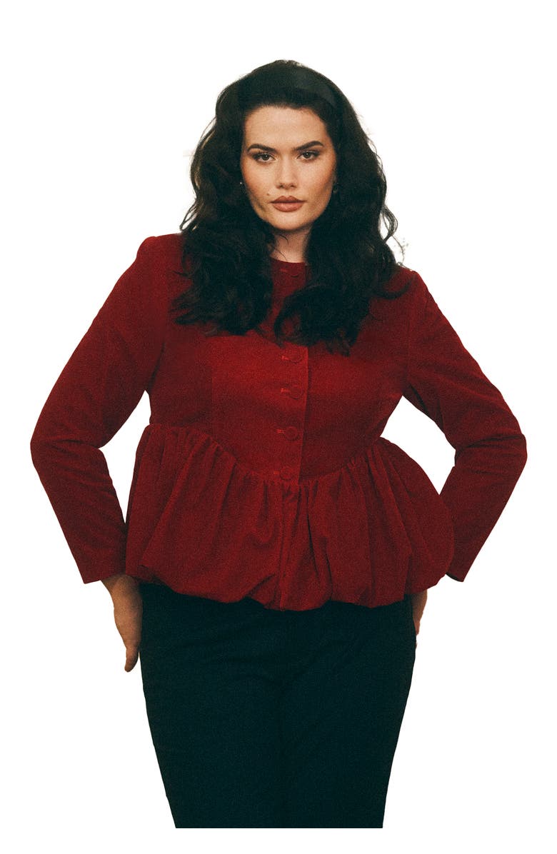 ELOQUII Velvet Peplum Bubble Hem Jacket, Main, color, 