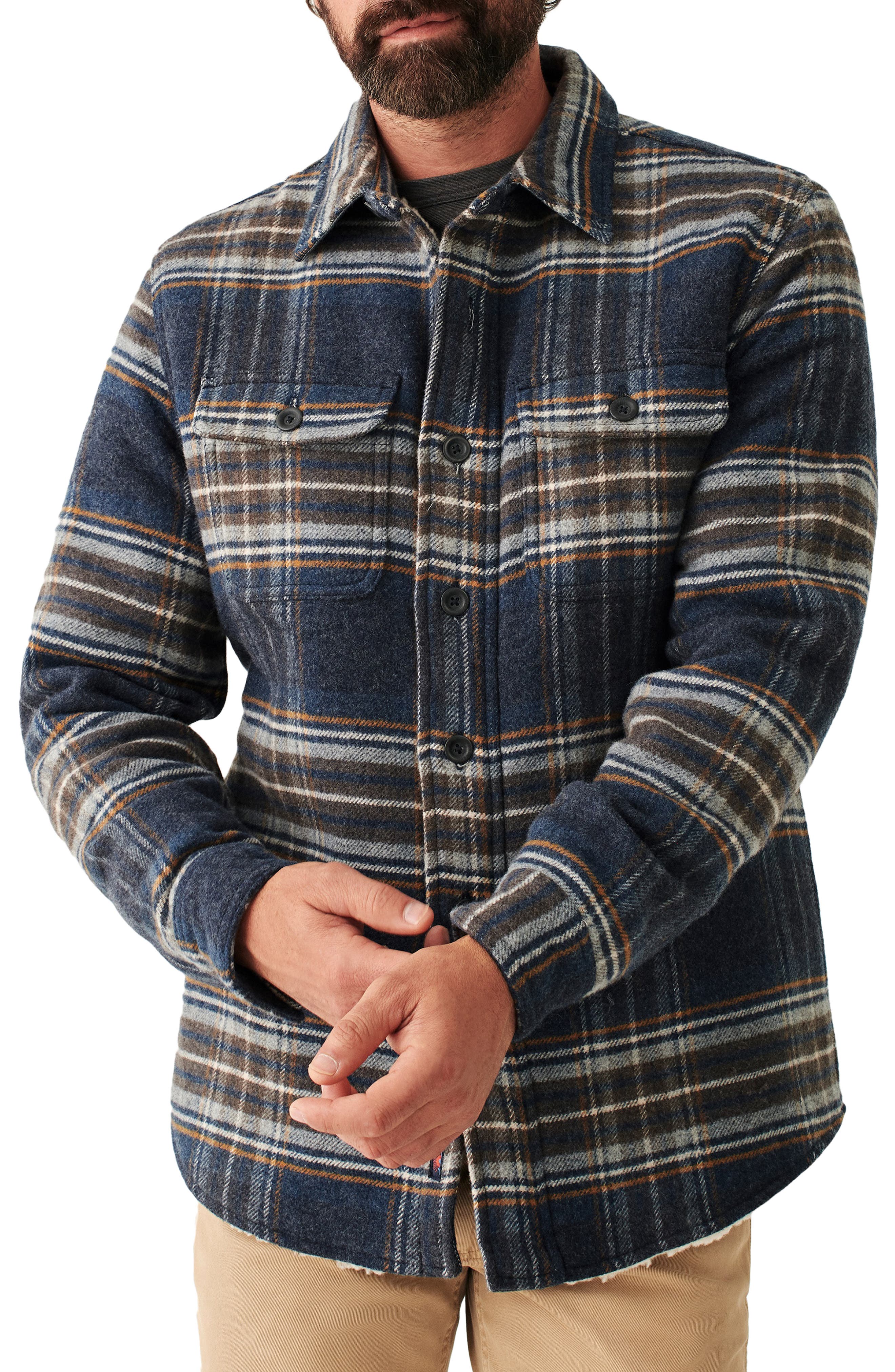 Faherty Cpo Plaid High Pile Fleece Shirt Jacket In Navy Summit Plaid