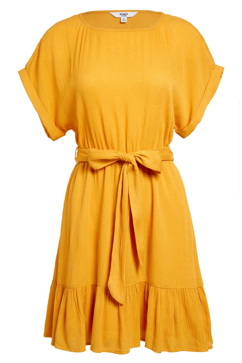 BB Dakota Belted Short Sleeve Crinkle Woven Dress, Alternate, color, CANARY