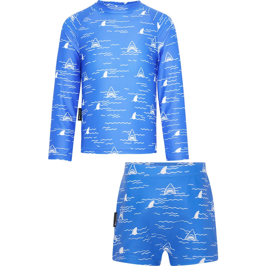 Shop Dot Australia Kids' Shark Long Sleeve Two-piece Rashguard Swimsuit In Blue