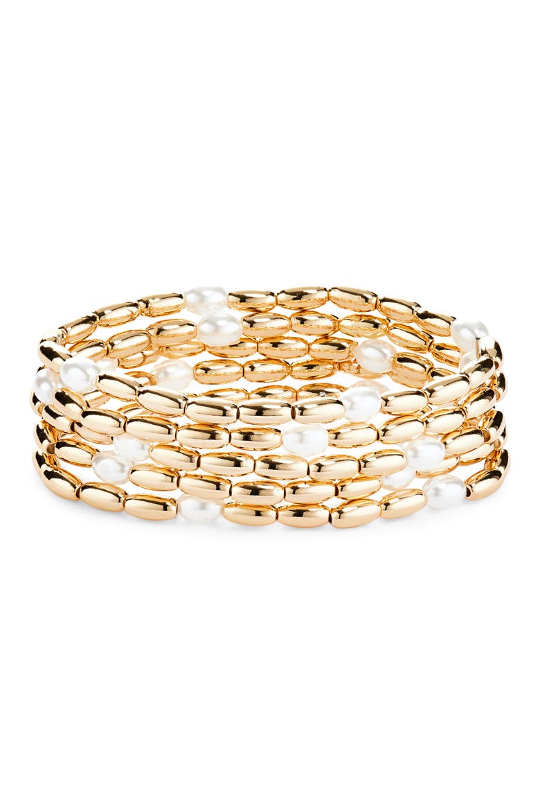 Set of 5 Cultured Pearl Beaded Stretch Bracelets, Main, color, WHITE- GOLD