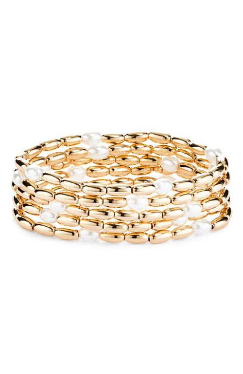 Open Edit Set Of 5 Cultured Pearl Beaded Stretch Bracelets In Gold
