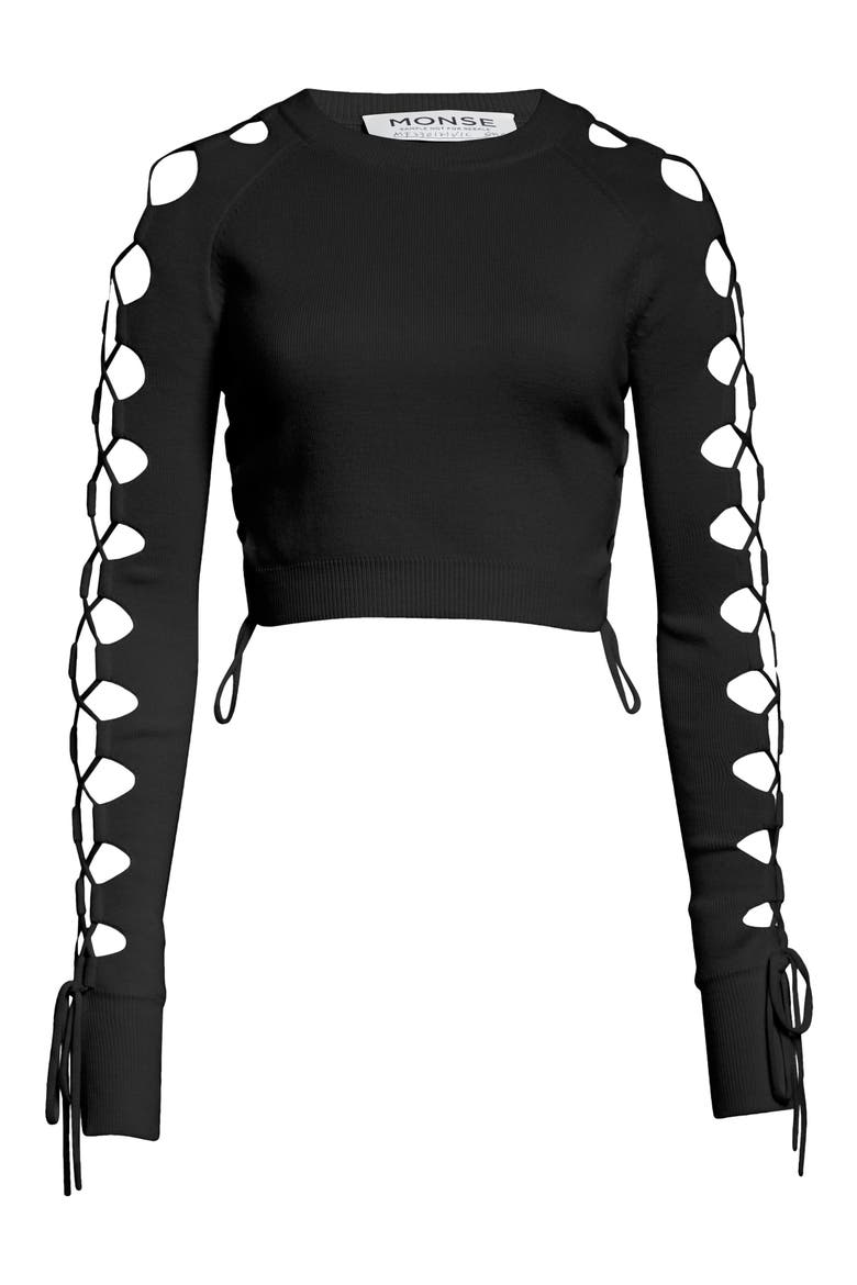 Lace Sleeve Detail Merino Wool Blend Crop Sweater, Alternate, color, BLACK