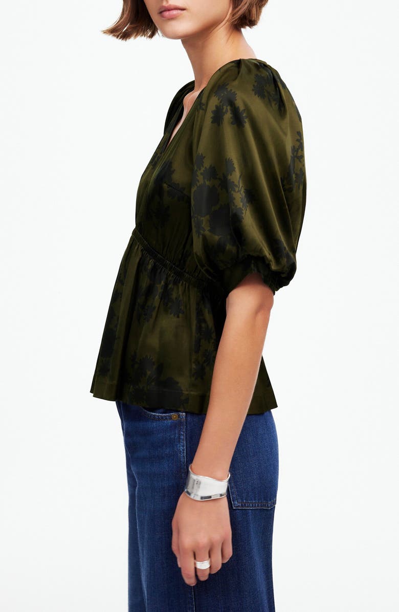 Madewell Shirred Puff Sleeve Satin Top, Alternate, color, Mossy Umber