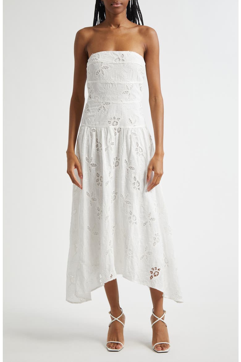 Blanca Embroidered Strapless Cotton Dress, Main, color, WHITE FLOWER