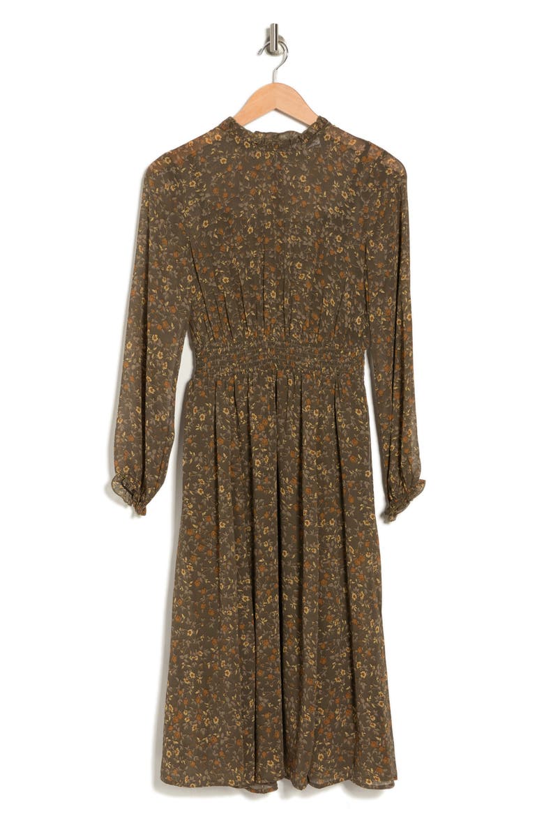 Ruffle Neck Midi Dress, Alternate, color, LUGGAGE MULTI