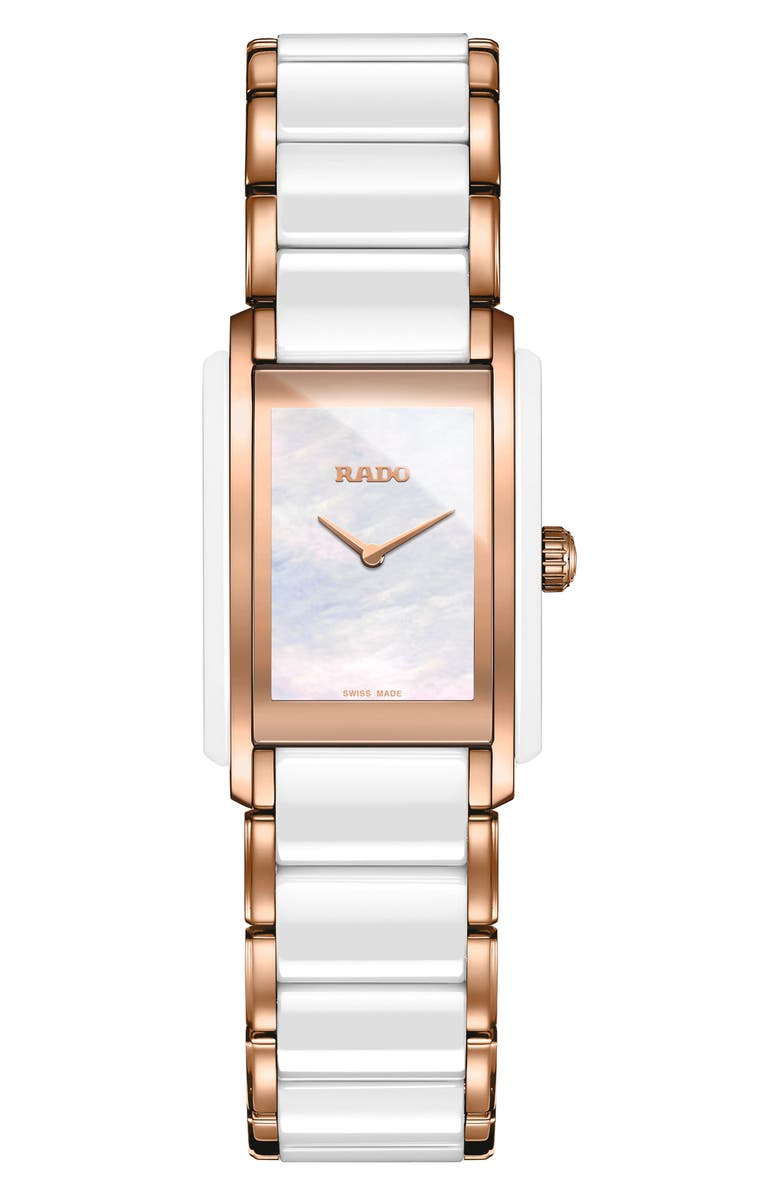 RADO Integral Ceramic Bracelet Watch, 22mm x 33mm, Main, color, White/ Mop/ Rose Gold