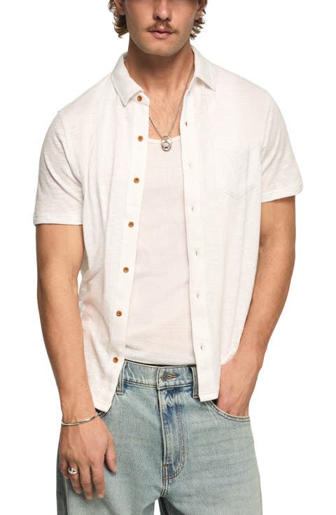 Slub Knit Short Sleeve Cotton Blend Button-Up Shirt