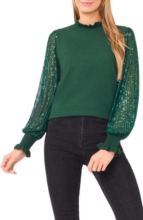 Sequin Sleeve Mock Neck Sweater