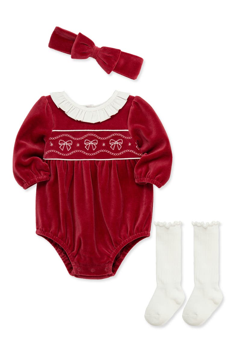 Kids' Bows Bubble Romper, Headband & Socks Set, Alternate, color, RED