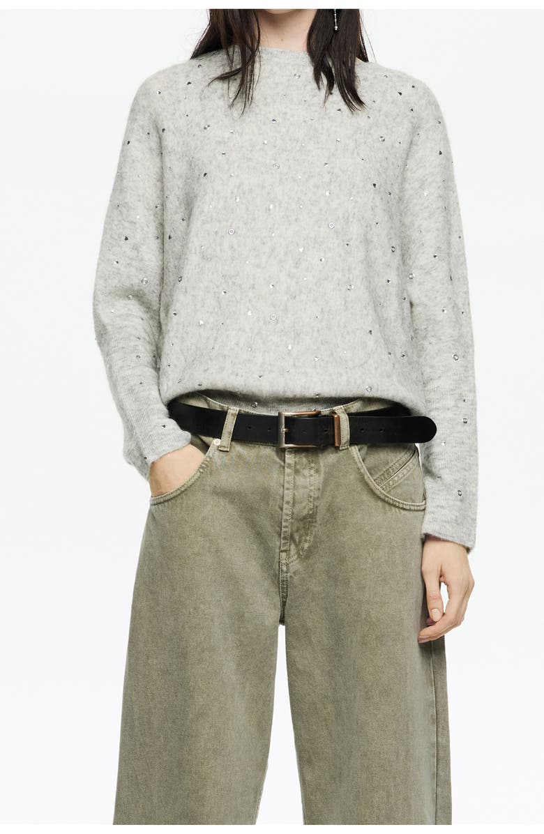 Bimba y Lola Rhinestone Wool Batwing Sleeve Sweater, Main, color, Light Grey