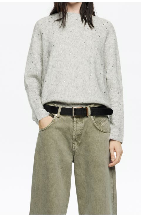 Rhinestone Wool Batwing Sleeve Sweater