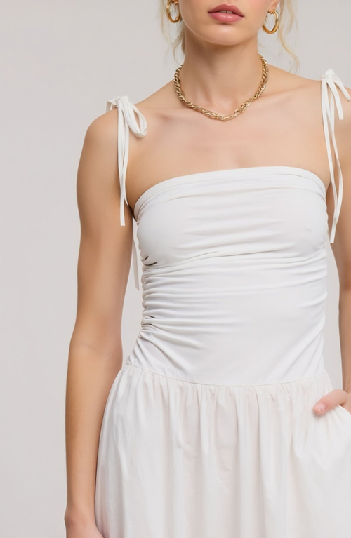 Modenaire Ruched Bodice Midi Dress With Tie Straps And Gathered Skirt In White