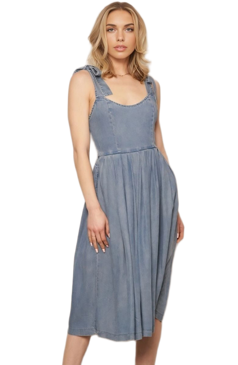 Knit and Lounge Tie Straps Scoop Neck Fitted Bodice Gathered Skirt Midi Dress, Alternate, color, Washed Blue