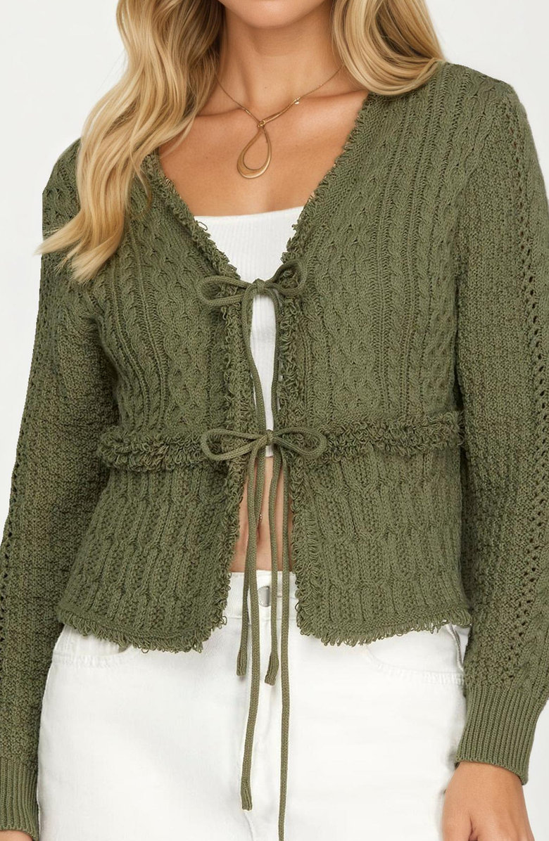 Knit and Lounge Cable Knit Tie Front Cardigan, Alternate, color, Olive Green