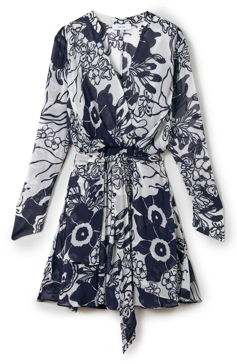 Reiss Sienna Long Sleeve Floral Faux Wrap Minidress, Alternate, color, Navy/ Cream