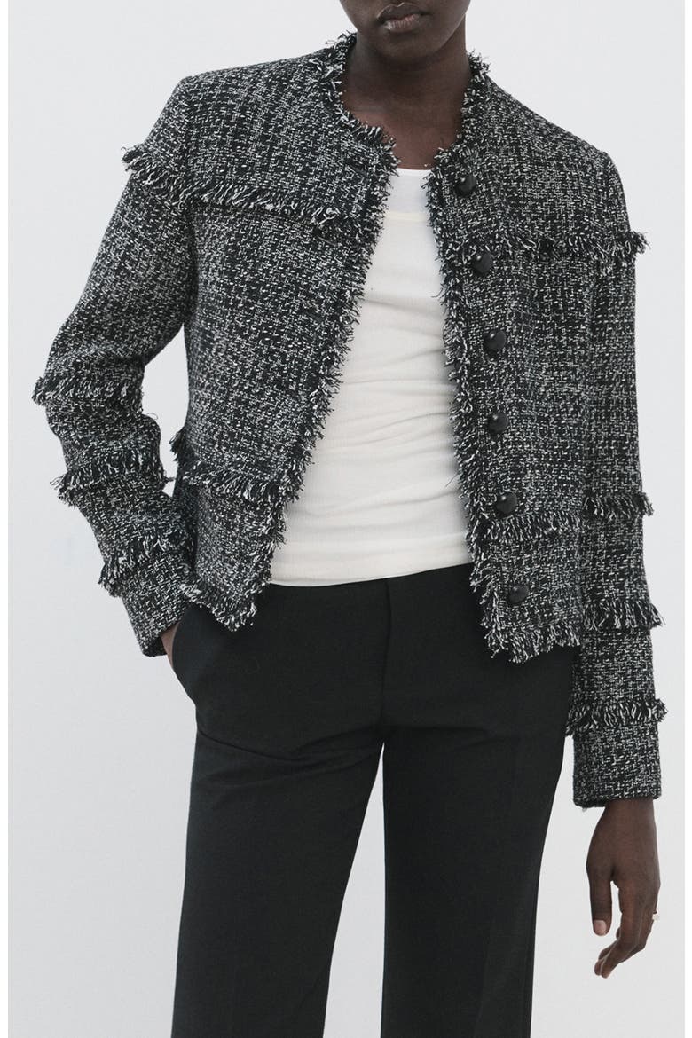 Fray Trim Tweed Jacket, Main, color, BLACK
