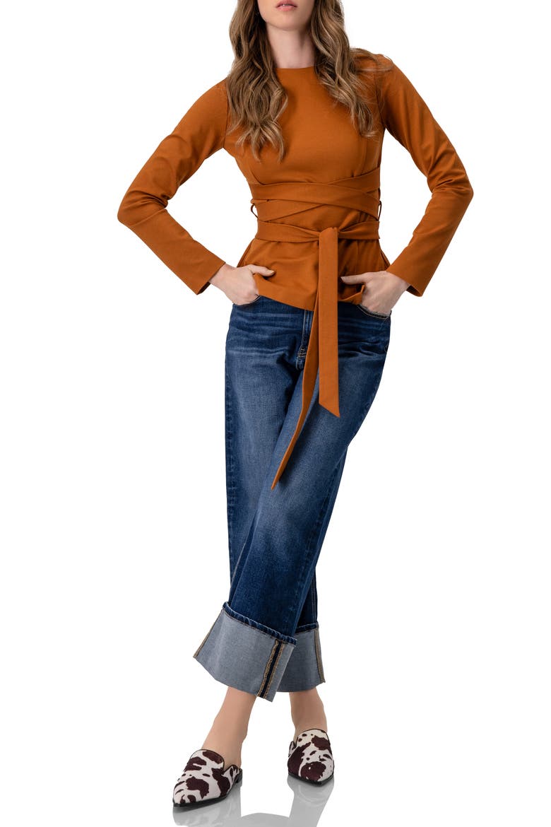 Long Sleeve Top with Crossed Tie Straps, Alternate, color, Brown