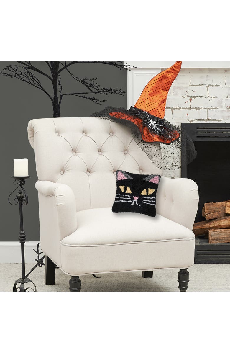 C&F Home Black Cat Small Petite Hooked Halloween Accent Pillow, 8" x 8", Alternate, color, Black