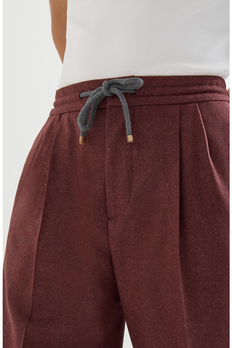 Virgin wool and cashmere flannel trousers with drawstring and double pleats, Alternate, color, Burned