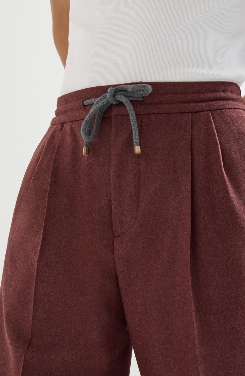 Brunello Cucinelli Virgin wool and cashmere flannel trousers with drawstring and double pleats, Alternate, color, Burned