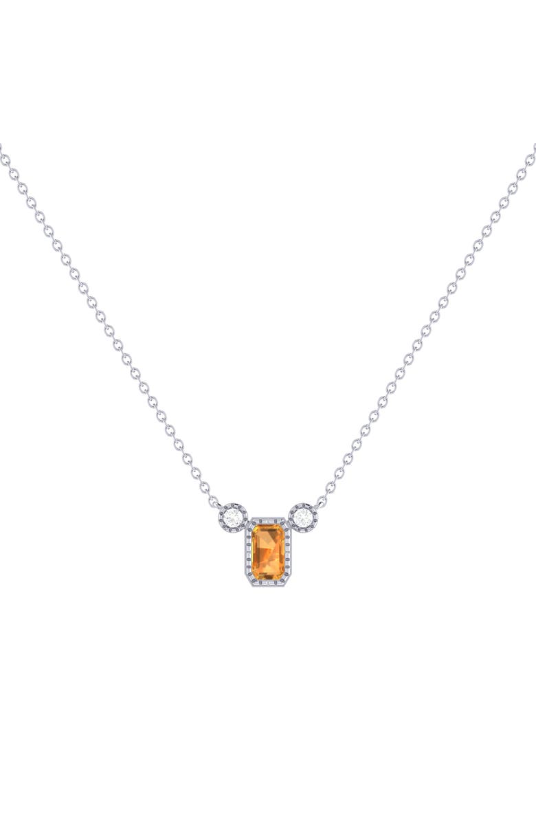 LuvMyJewelry Emerald Cut Citrine & Diamond Birthstone Necklace in 14K Gold, Main, color, 