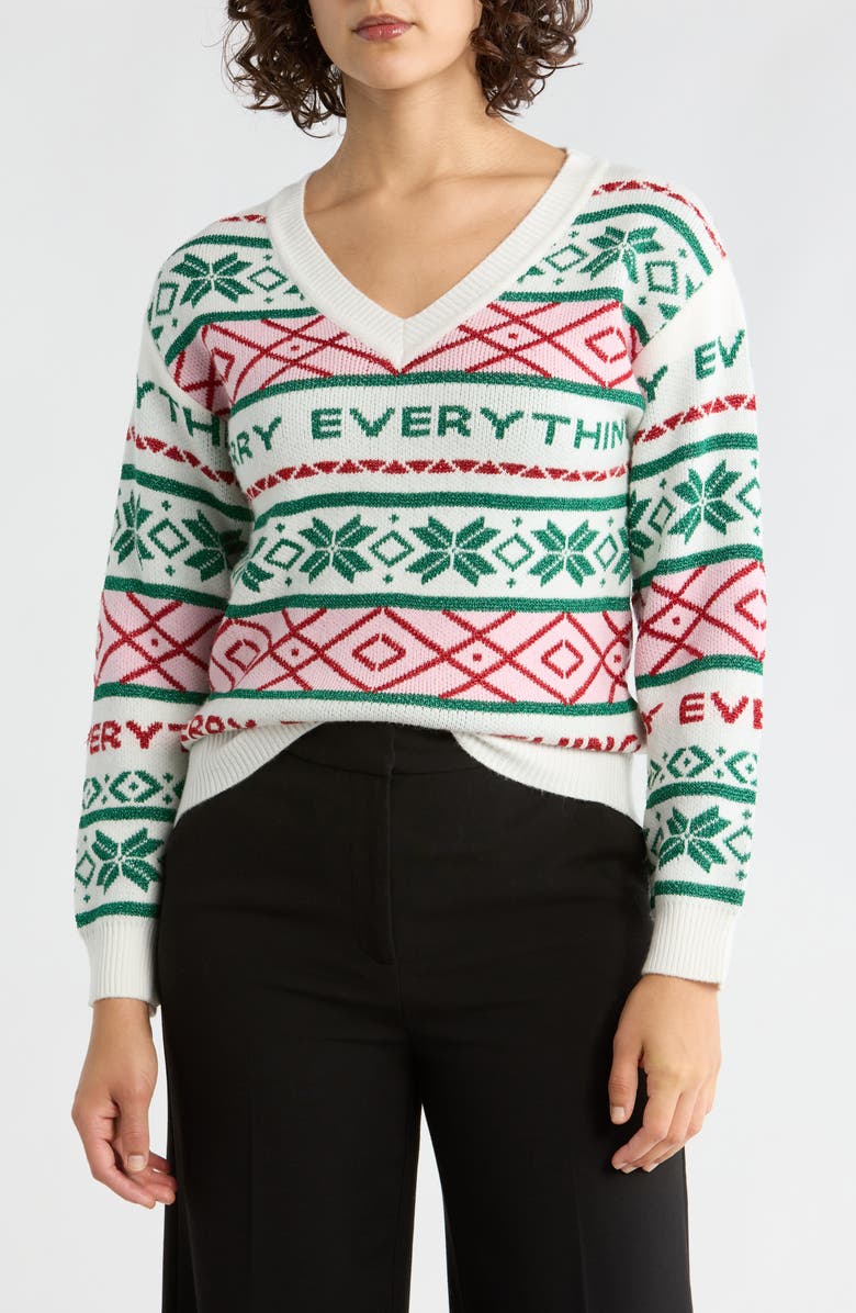 Vigoss Merry Everything V-Neck Sweater, Main, color, White Multi