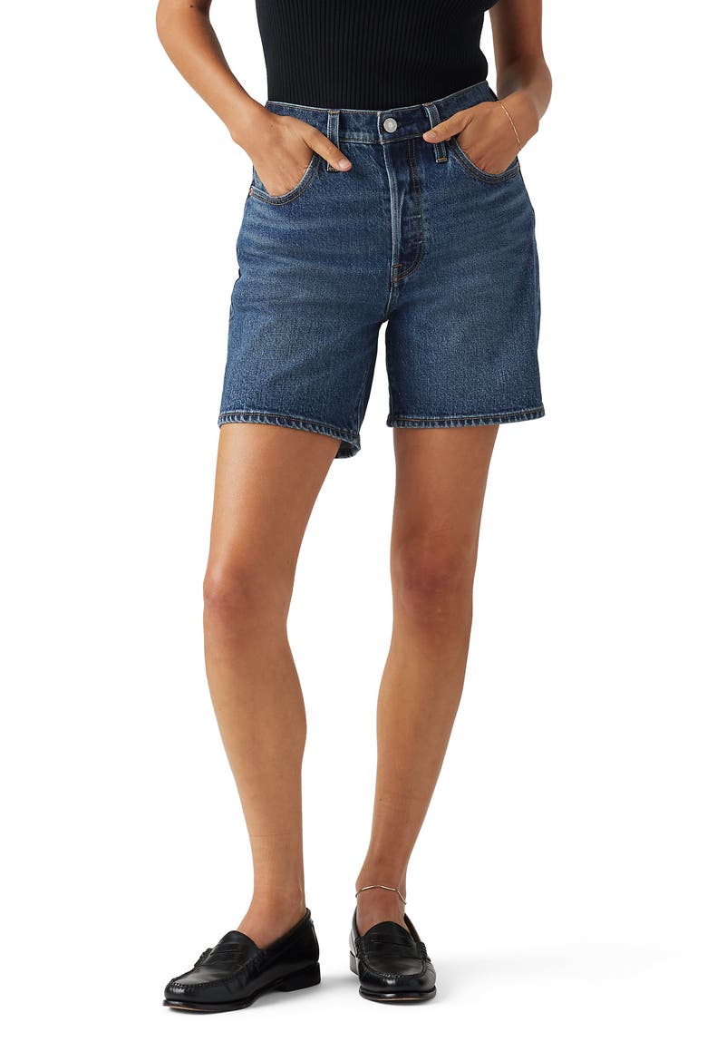 501® Mid Thigh Denim Shorts, Main, color, BROKEN MIDNIGHT NO DX