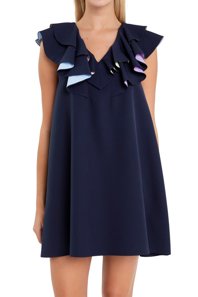 Multicolor Lined Ruffle Shift Dress, Alternate, color, NAVY MULTI
