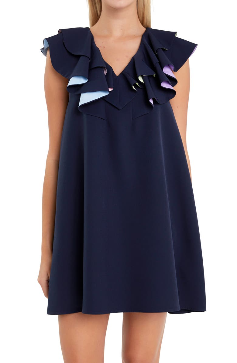 English Factory Multicolor Lined Ruffle Shift Dress, Alternate, color, Navy Multi