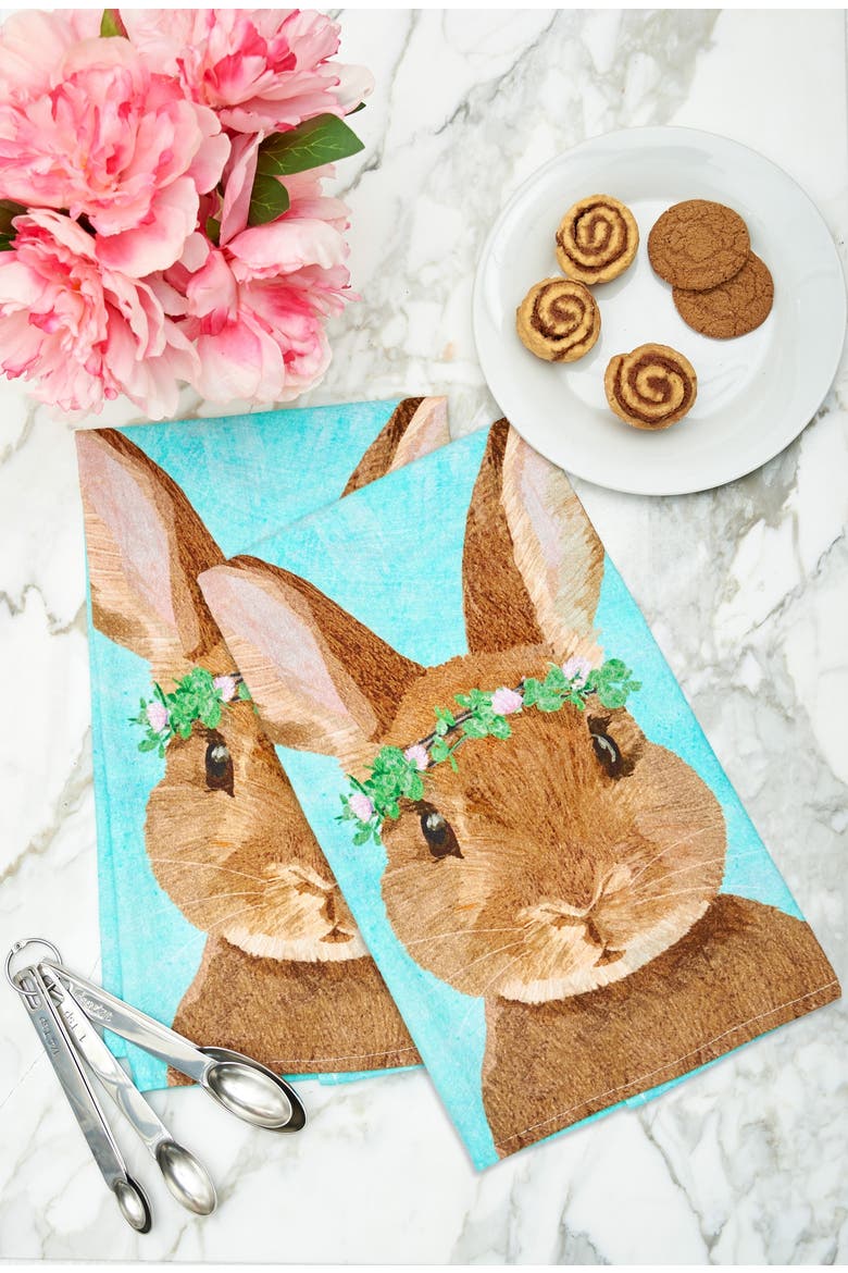 Clover Easter Bunny Rabbit Spring Printed Flour Sack Kitchen Dishtowel, Alternate, color, Blue