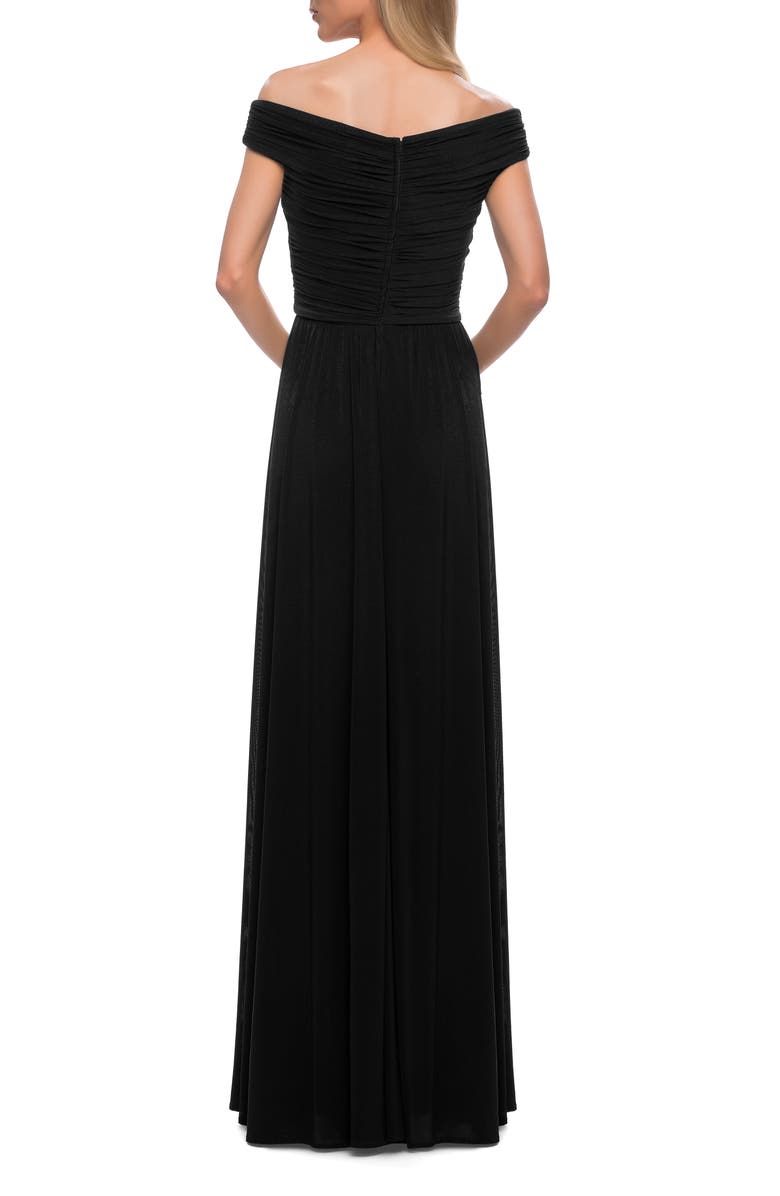La Femme Off the Shoulder Net Jersey Long Dress with Ruching, Alternate, color, Black