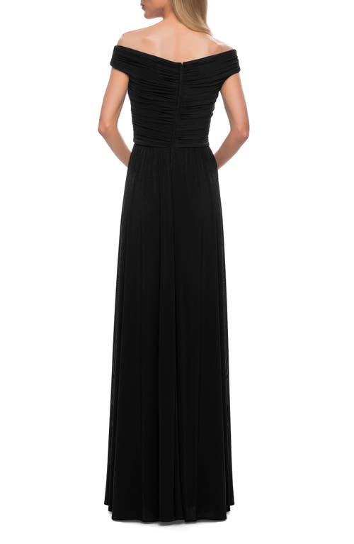 La Femme Off The Shoulder Net Jersey Long Dress With Ruching In Black