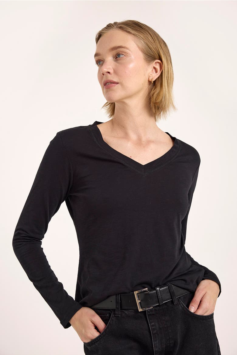 Long Sleeve Cotton V-Neck T-shirt, Alternate, color, Black