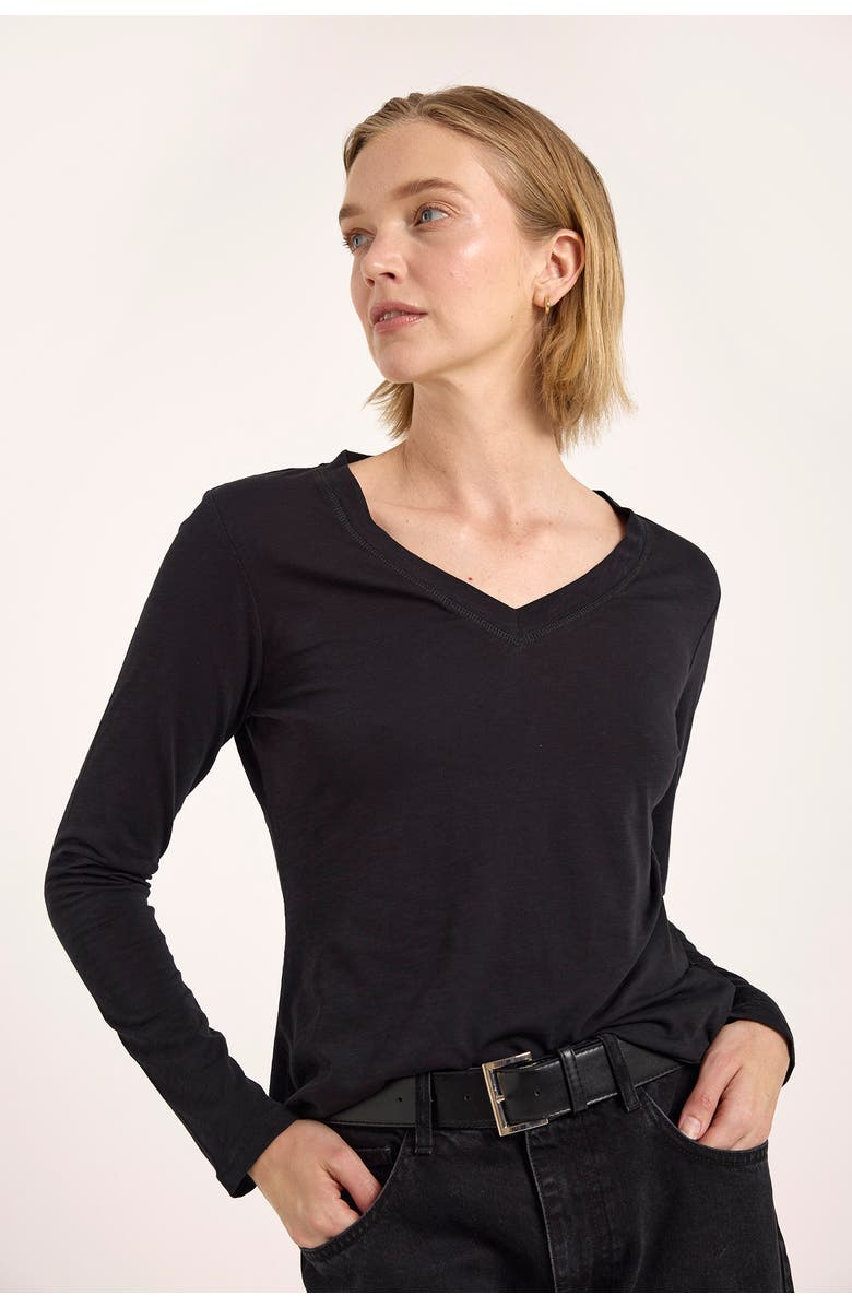 Brodie Pure Cashmere Long Sleeve Cotton V-Neck T-shirt, Alternate, color, Black