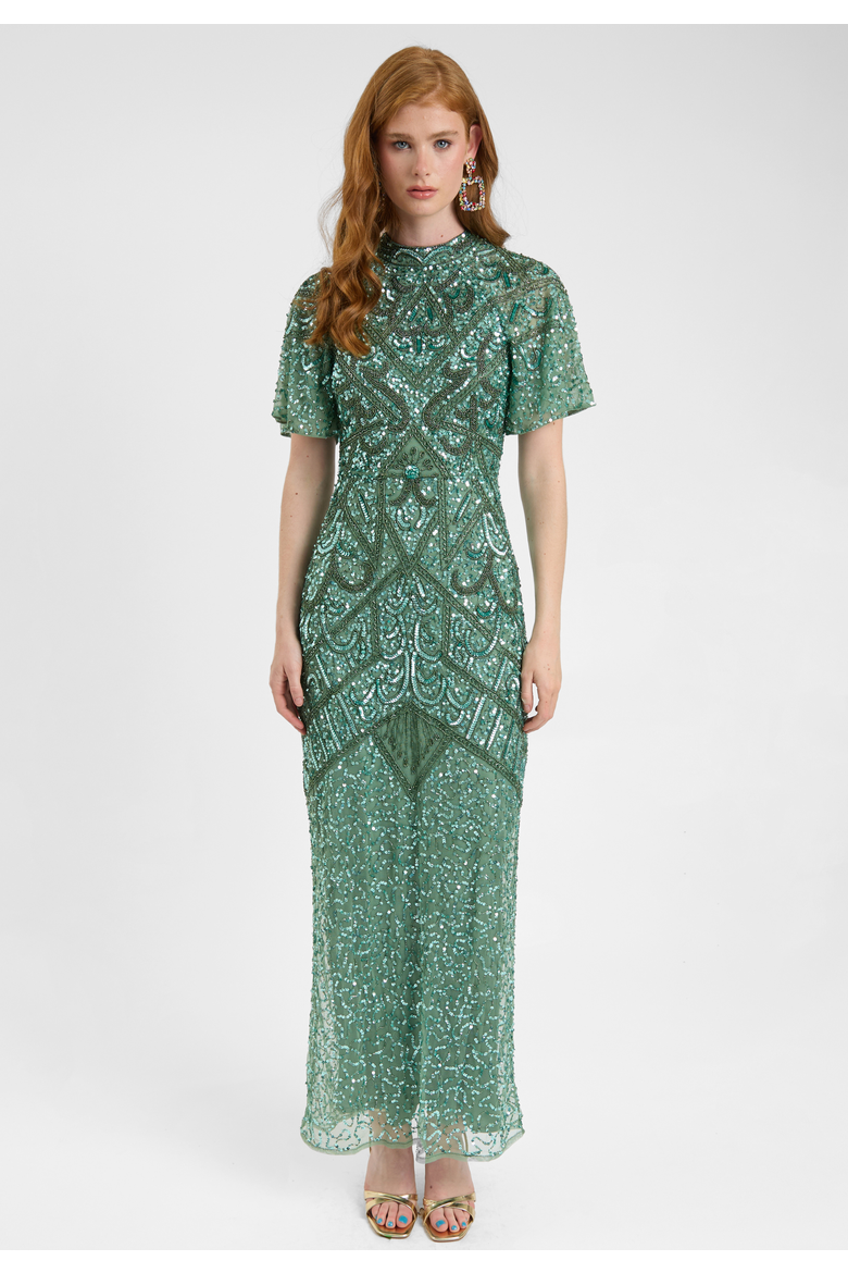 Embellished Sequin Beaded With Short Flutter Sleeves Maxi Dress, Main, color, GREEN