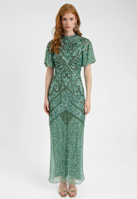 Embellished Sequin Beaded With Short Flutter Sleeves Maxi Dress