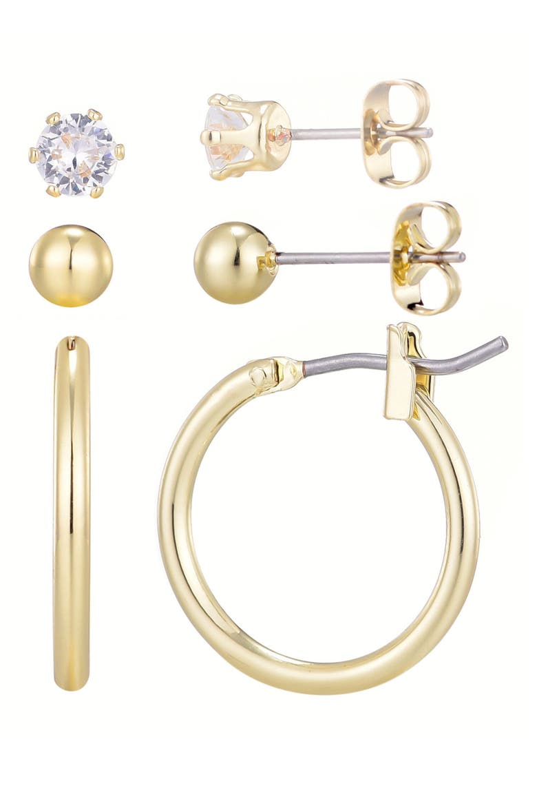 Set of 3 Stud & Hoop Earrings, Main, color, GOLD
