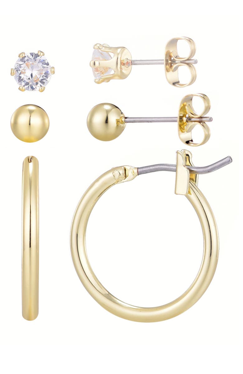 Adornia Set of 3 Stud & Hoop Earrings, Main, color, Gold