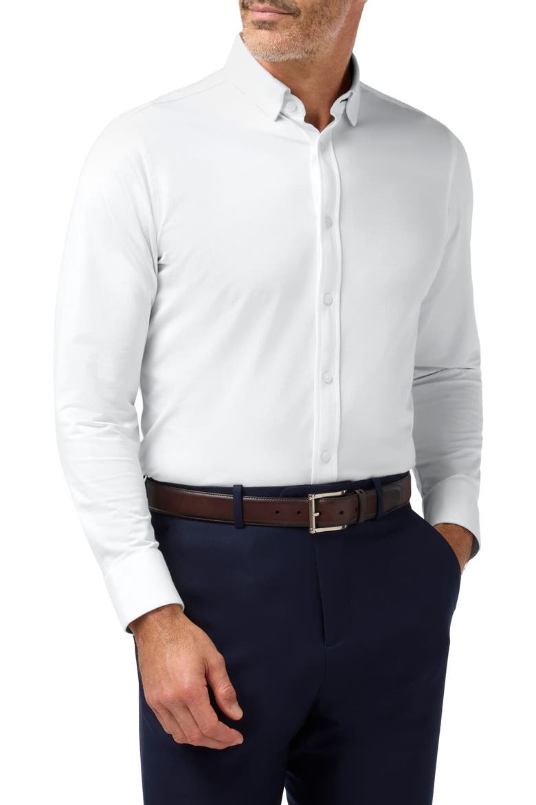 Newport Solid White Knit Cotton Blend Button-Up Shirt, Main, color, WHITE
