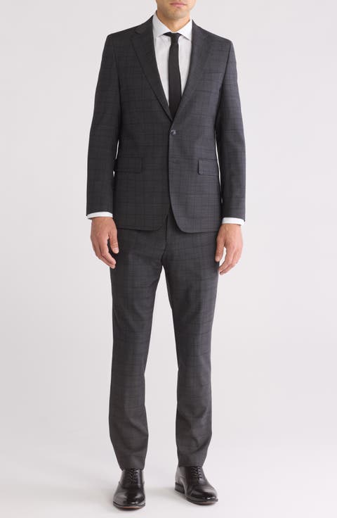 Osmans Slim Fit Grey Plaid Wool Blend Suit (Short, Regular & Long)