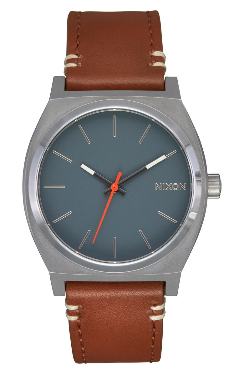 Nixon Time Teller Leather Strap Watch, 37mm, Main, color, Gunmetal / Basalt / Sienna